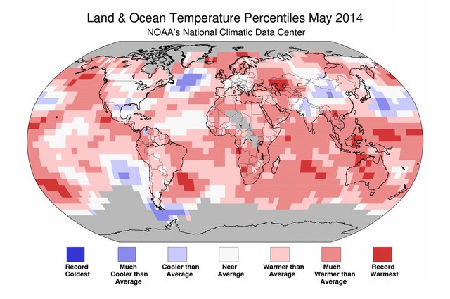 Data from GHCN-M version 3.2.2 and ERSST version 3b on June 17, 2014. Source: NOAA